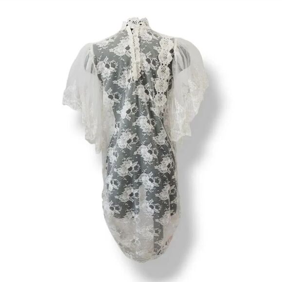 Vintage Victorian Flutter Puff Sleeve Sheer Ivory Lace Formal Wedding Dress M/L - Picture 5 of 13